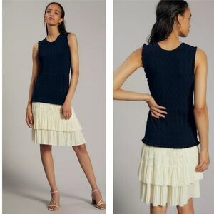 Anthropologie Current Air Pleated Mini Dress Navy Knit Ivory White‎